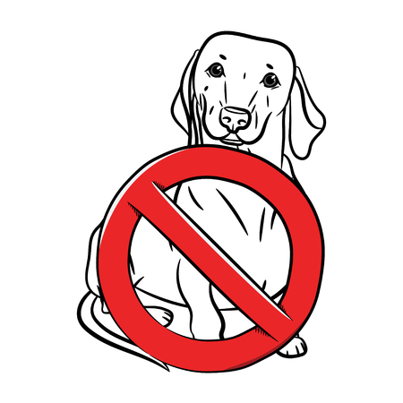 A dachshund dog is sitting (standing) and a sign of prohibition in the outline style. Stop the dog.のイラスト素材