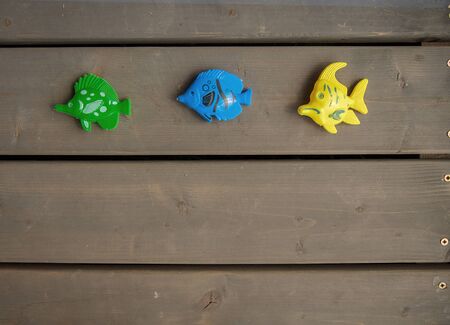 Three different toy fishes of green, blue and yellow colours on the wooden floor of a wooden country...