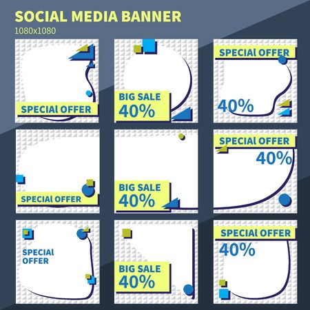 Set of square banners for social network post. Banners in geometric style for post, flyers, coupons, gift cards. Easy to edit. Vector template. 1080x1080のイラスト素材