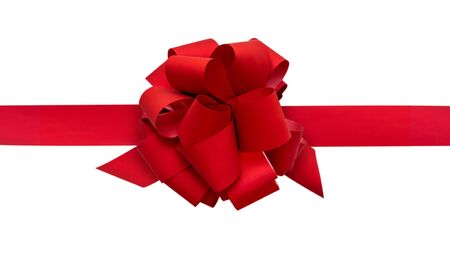 Big red bow with ribbon, on a white background, top view. Beautiful festive bow for gift, gift wrapping, banner, advertisement, congratulation.の写真素材