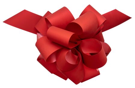 Big beautiful red bow for gift, gift wrapping, banner, advertisement, congratulation. View from above.の写真素材