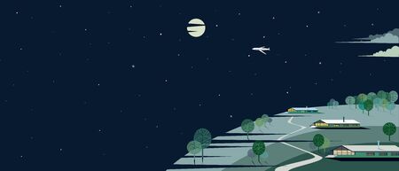 Several houses on a round hill in green tones on a moonlit night. Vector flat style illustration for banner, advertisement. Space for text, horizontal format.のイラスト素材