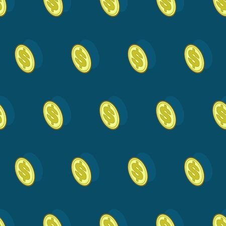 Seamless pattern in isometric style with picturing yellow dollar coins on a blue-green background.のイラスト素材