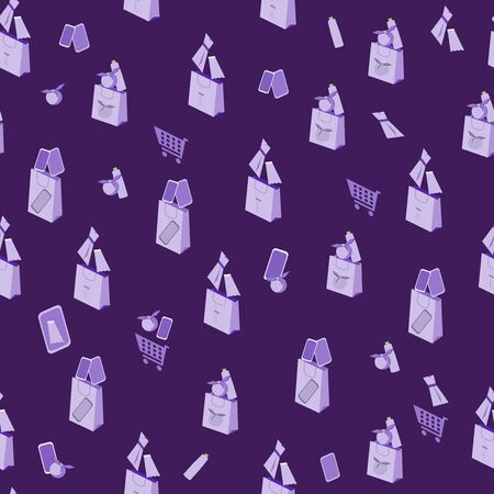 Seamless purple pattern on a shopping theme with the image of shopping carts, food, clothes, gadgets. Easy to edit, repaint, separate background.のイラスト素材