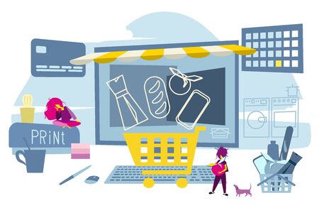 Little people shop online on their home computer. Quick purchases from home via the Internet.のイラスト素材