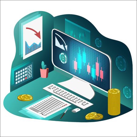 Bitkoin, desktop computer, graph of the fall on the screen, Japanese candles. Checklist. Isometric. Vector illustration. Transparenceのイラスト素材
