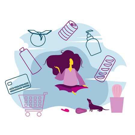 A woman sits on a sofa, various goods fly around her bread, canned goods, a bottle, soap, fruits. A dog sits next to her, a grocery cart on the floor, a credit card for payment.のイラスト素材