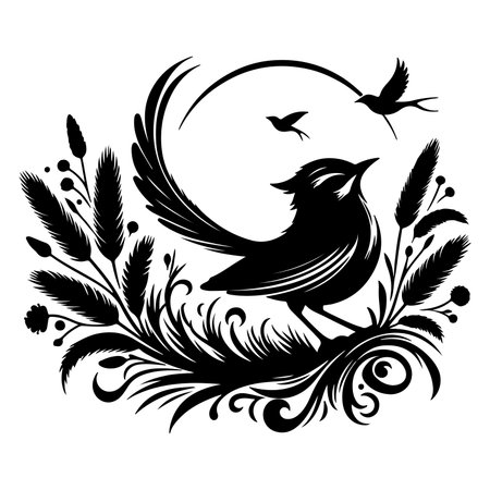 Black silhouette of a bird on a white background in the style of engravingのイラスト素材