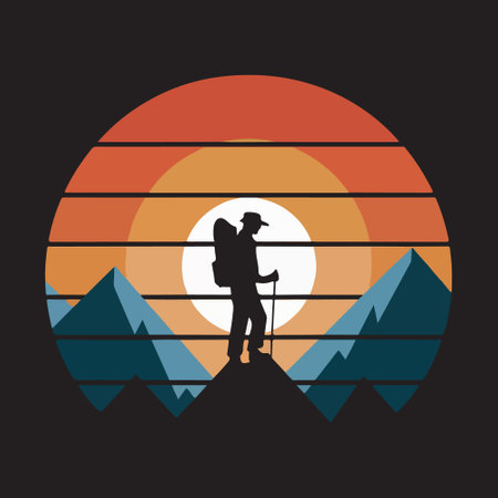 Hiker with backpack on the top of the mountain. Vector illustrationのイラスト素材