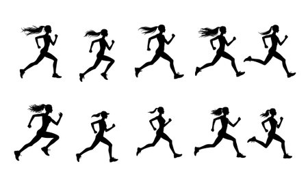 Set of silhouettes of running women on a white background. Vector illustrationのイラスト素材