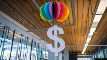 Dollar sign hanging on the ceiling of a shopping mall. Business conceptの素材