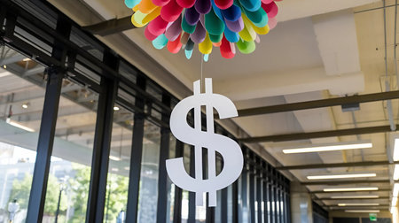 Dollar sign hanging on the ceiling of a shopping mall with colorful balloonsの素材