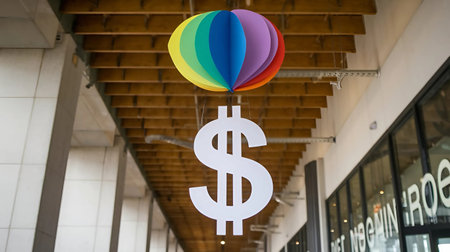 Dollar sign hanging on the ceiling of a shopping mall. Business conceptの素材