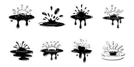 Collection of black splashes and drops. Vector illustration isolated on white background.のイラスト素材