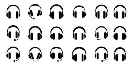 Vector black headphone icons set on white backgroundのイラスト素材
