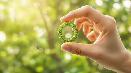 Female hand with green eco symbol on blurred nature background, closeupの素材