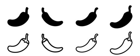 Chilli pepper icons set. Black and white illustration of chili pepper vector iconsのイラスト素材