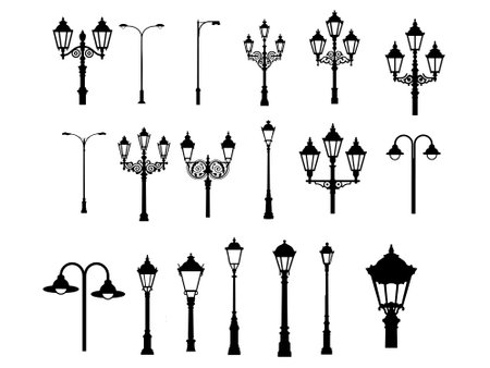 collection of Street lamp post silhouette vector on white backgroundのイラスト素材