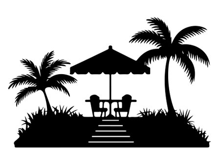 A black and white silhouette of a tropical patio scene.のイラスト素材