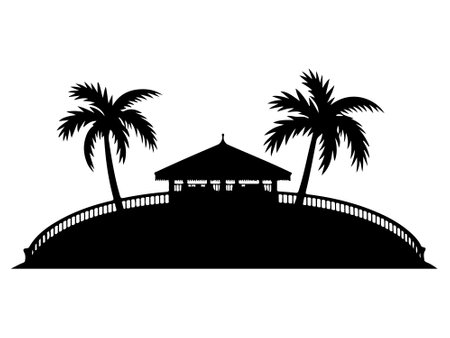 A black and white silhouette of a tropical gazebo situated on a hilltop, with two palm trees flanking it.のイラスト素材