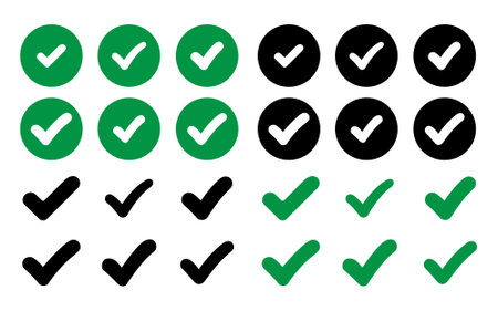 Set of Checkmark Icons in Black and Green vector on white backgroundのイラスト素材