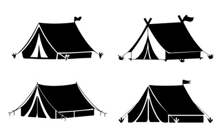 Four stylized silhouettes of camping tents in various designs.のイラスト素材