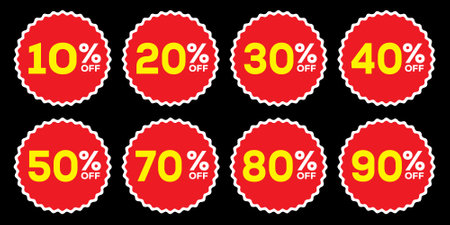 10%, 20%, 30%, 40%, 50%, 60%, 70%, 80%, 90% Discount. Sale tags set vector badges template. Sale...