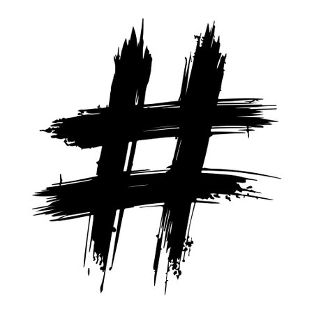 Hand drawn brush stroke dirty art hashtag symbol icon sign isolated on white background. Black and white composition of the symbol hashtagのイラスト素材