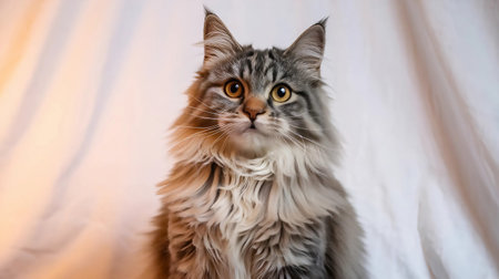 beautiful long-haired cat of siberian breed on a light backgroundの素材