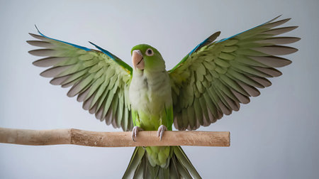 Green Alexandrine Parakeet on a branch isolated on white backgroundの素材