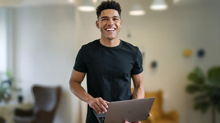 young african american man with laptop computer at modern home officeの素材