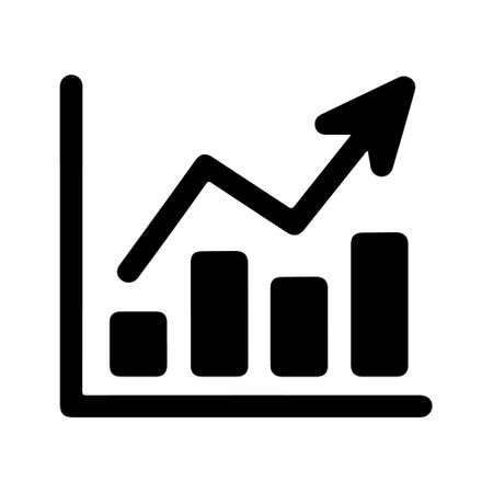 Single black arrow growing pointing up on chart graph bars icon, success graph trending upwards flat design interface infographic element for app ui ux web button, vector isolated on white backgroundのイラスト素材