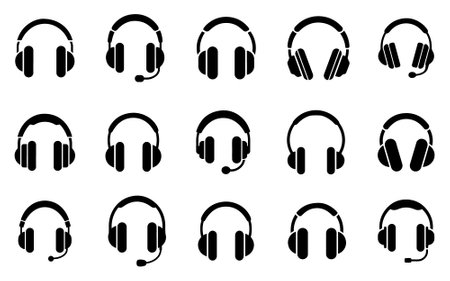 Headphones icon. Black headphones icon collection. Set of music headphones icons. headphone with microphone. Vector headphone iconsのイラスト素材