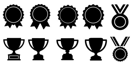 Awards and Achievements, silhouette icon set. Medals, trophies, and accolades celebrating success. Certificates of recognition, badges of honor, laurels of victory.のイラスト素材
