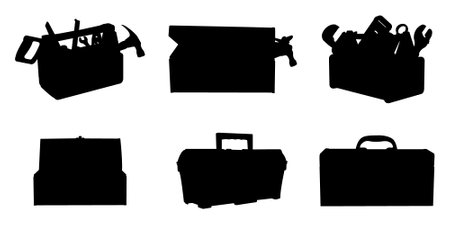 Black silhouettes of various toolboxes and tool sets on white backgroundのイラスト素材