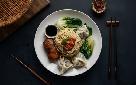 Chinese noodle with pork and vegetables in white plate on dark backgroundの素材