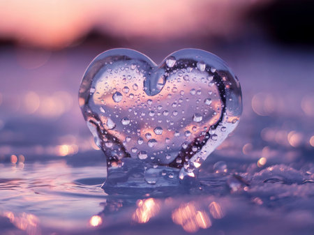 Heart with water drops on the background of the sunset. Valentine's Day.の素材