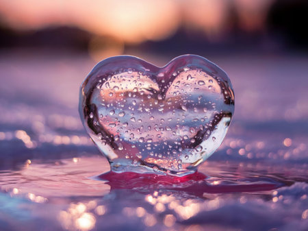 Water drops on glass heart shape on sunset background. Love concept.の素材