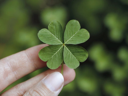 four leaf clover in hand on green background, symbol of luckの素材