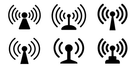 Wireless Network Icons Isolated on White Background, antenna icon set silhouetteのイラスト素材