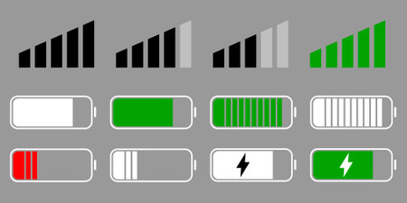 Comprehensive Battery Level Icons for Mobile Devices, Network icon for UI and UX designのイラスト素材
