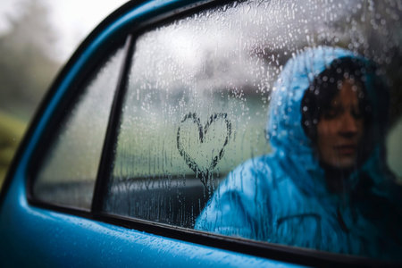Young woman in raincoat with heart drawn on the window of car.の素材