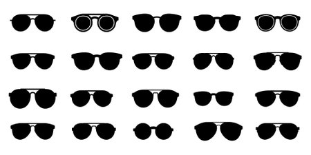 Sunglasses icons. Black sunglass, mens glasses silhouette and retro eyewear icon. Polarized geek glasses, hipster sun lens ocular. Isolated symbols vector set on white backgroundのイラスト素材