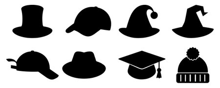 Collection of magician hat, baseball hat, christmas hat, Halloween witch hat, cowboy hat, graduation hat, winter hat vector on white backgroundのイラスト素材