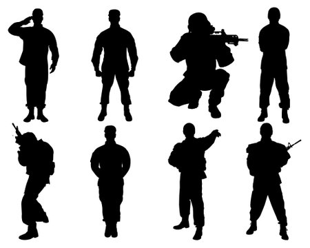 Silhouette of military army with weapons, usa men soldiers with rifle, salute soldier and american veteran. Independence or memorial day background with army soldier silhouette vector on white backgroundのイラスト素材