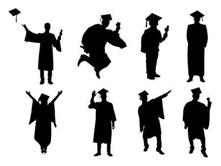 Graduate, student in graduation cap silhouette vector. University Students or graduates celebrating silhouettes vector art on white backgroundのイラスト素材