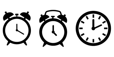 Simple black and white alarm clock icon vector on white backgroundのイラスト素材
