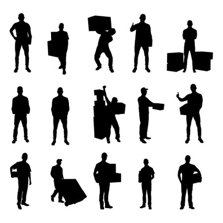 Collection of delivery man silhouette vector. Courier Service Silhouettes and Delivery man carrying boxes on white backgroundのイラスト素材