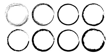 set of grunge circles. round circular logo hand drawn brush stroke icon frame element vector on white backgroundのイラスト素材