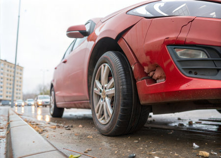 Car accident on the road, damaged red car after collision with another carの素材